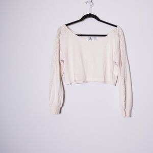 Adidas Lifestyle Velvet Velour Boat Neck Long Sleeve Crop Sweater Wonder White S